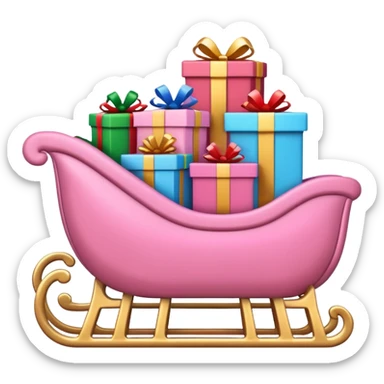 light pink Christmas sleigh piled with colorful gift boxes, emoji style sticker