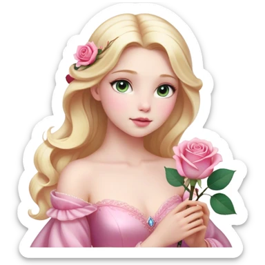 Cinematic Realistic Sleeping Beauty (Aurora) Portrait, with porcelain-like skin featuring a natural rosy flush, illuminated by soft lighting that highlights the gentle contours of her face. Her golden blonde hair flows in soft, detailed waves with subtle highlights that shimmer in the light. Her deep violet-blue eyes radiate warmth and innocence, framed by arched brows and long lashes. With a soft, serene smile, she holds a delicate rose gently in one hand, her other hand resting lightly by her side. She is dressed in her classic pink gown, the fabric rich in texture with delicate folds that catch the light. A golden crown rests atop her head, gleaming with royal refinement. The portrait captures a soft, glowing aura, blending realism with an ethereal sense of beauty and timeless enchantment. sticker