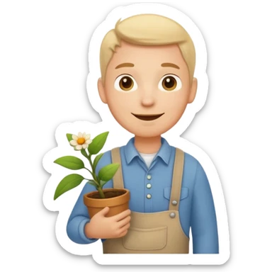 A calm, friendly male cartoon character with light skin, simple farm clothes, warm smile, holding a small plant or flower, stylized as a cute, readable emoji icon with soft earthy color sticker