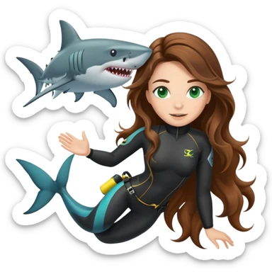A scuba (long brown wavy hair green eyes) girl and a shark sticker