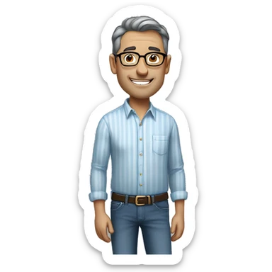 A middle-aged healthy man with short dark hair and glasses, wearing a light blue striped shirt and jeans, standing casually with one hand in his pocket, smiling gently against a plain, neutral background. sticker