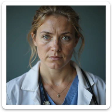 realistic woman with PCOS, slightly overweight body, skin with acne marks, thin hair, serious expression, hyperrealistic 4K details, clinical environment sticker