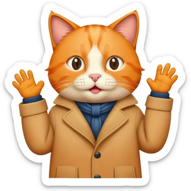 an orange cat wear a coat and in hand have sing sticker