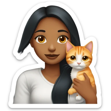 blue eyed girl with long black hair holding one chubby orange tabby cat sticker