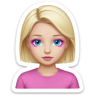 girl with blue eyes blonde in a pink t-shirt with pink lips painted eyelashes and soft facial features sticker