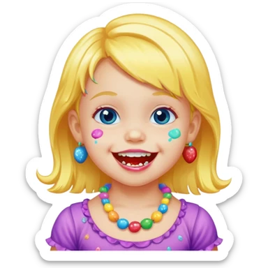 A toddler with candy necklace, grinning with colorful sugar stains on her mouth. sticker