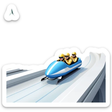 An icon featuring a sleek bobsled with athletes racing down an icy track at high speed, helmets on and bodies aligned for aerodynamics. The scene is set in a stunning snowy mountain valley with pine trees, spectators, and crisp blue sky. Transparent background captures the thrill of bobsleigh. sticker