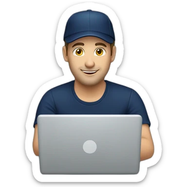 european guy wearing navy cap using laptop sticker
