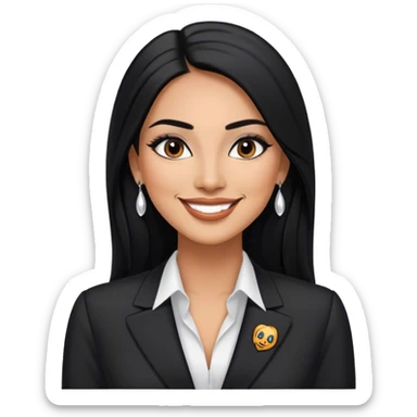 beautiful fit tall woman boss, with long straight black hair, with make up, black eye liner, smile, mexican, brown skin, wearing beautiful profesional outfit and white earings sticker