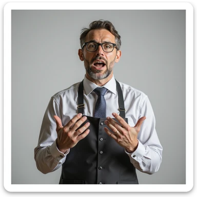 hyperrealistic 4K image of a nutritionist animatedly discussing, gesturing with hands, intense expression, isolated white background sticker