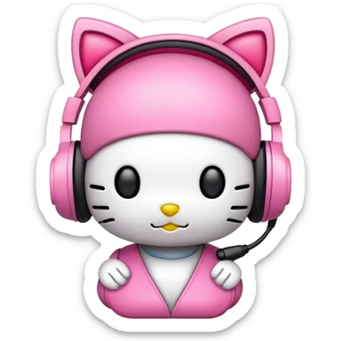 please create a cute hello kitty emoji wearing a gaming headset sticker