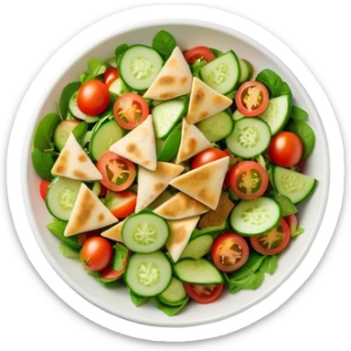 Cinematic Realistic Fattoush Salad Dish Emoji, depicted as a colorful medley of greens, tomatoes, cucumbers, and crispy pita rendered with vibrant textures and refreshing lighting. sticker