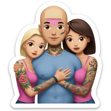 throuple tattooed sleeves bbald male with topless naked big boobed brunette and topless naked big boobed blonde girlfriends  loving  and sexy polygamy naughty  sticker