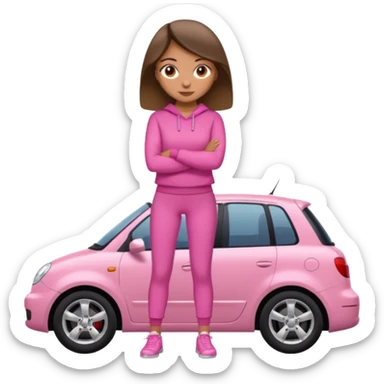 Create me a emoji girl with brown eyes in a pink outfit leaning on a car full body sticker
