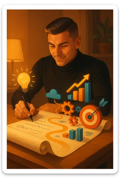 Un uomo concentrato, seduto alla sua scrivania in una stanza con luce calda, sta scrivendo su un enorme foglio di carta che si espande magicamente davanti a lui. Mentre scrive, le parole si trasformano in elementi visivi tridimensionali che rappresentano le soluzioni ai suoi problemi sticker