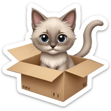  A very cute gery young kitten long hair Siamese Cat cat with one's head tilted to one side poked its paws out of the cardboard big box and placed them on top of it sticker
