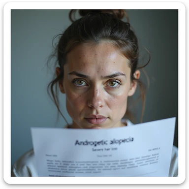hyperrealistic 4K image of a woman with PCOS looking at a medical report with text 'Androgenetic alopecia' or 'Severe hair loss', face with acne and facial hair, thinning hair, serious expression, clinical environment sticker