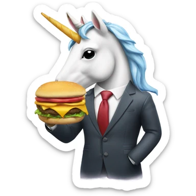 Unicorn in a suit eating a cheeseburger  sticker