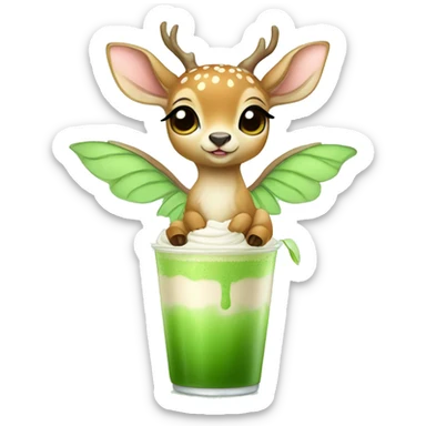baby deer with fairy wings drinking iced matcha latte  sticker