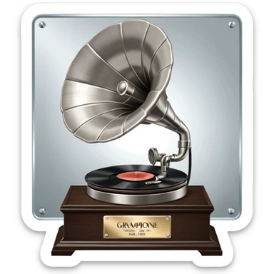 A platinum music award plaque: a square, polished platinum plate with a subtly textured, mirror-like finish, mounted on a simple dark wood base. The center features a relief of a vintage gramophone or stylized vinyl record in a slightly darker metallic tone.  sticker