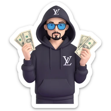 3D style portrait of a person with white skin and black goatee, wearing a hoodie, black sweatpants, and a black hat with LV logo. Wearing Cartier glasses and holding realistic US dollar bills. AMG car behind him, detailed and realistic 3D style. sticker