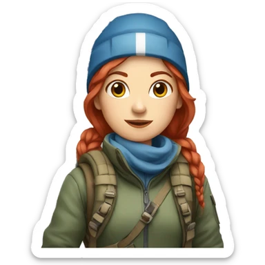 female winter mountaineer red hair holding greek flag sticker