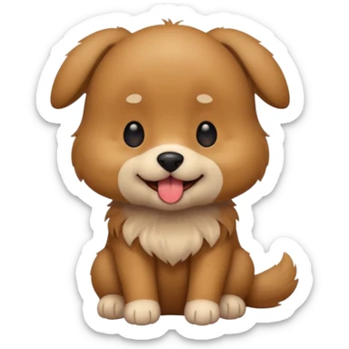 Cute small brown fluffy dog emoji icon. Round face, short muzzle, light brown fur with slightly darker ears, small black nose, happy smiling expression with tongue out. Soft friendly eyes, sitting pose with front paws together. Simple clean vector style, minimal details, kawaii style. sticker