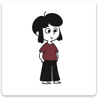 A boy with bangs covering his eyes, long hair sticking out at the back, and long side locks. He has brown eyes and dark brown hair, and is wearing a maroon t-shirt. sticker