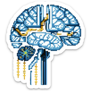 Pixel art of a pearlescent blue capsule floating in front of a brain with golden pixel pulses forming neural connections. A small liver icon nearby, all rotating in a pixelated aura of mental focus sticker