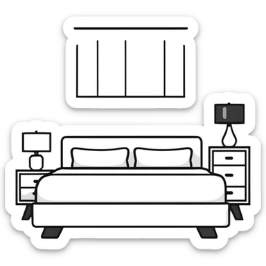 clean bedroom with white walls, bed, nightstand and dresser sticker