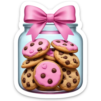 Pink jar of chocolate chip cookies with a bow in middle sticker