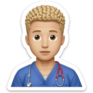 Ripped, athletic man with thick neck, high top fade with no part, curly hair only top only, no shirt and show waistline up add scrubs sticker