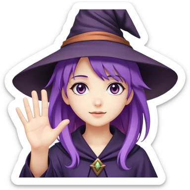 Cute anime girl with purple hair in witch hat waving hand sticker