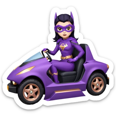  proportionally correct, real-appearance racing adult BatGirl’s feminine midnight-purple tight outfit sixty’s tv show 2032 stealth retro cat burglar sporty petite off-road pursuit hovering black hover car with rose gold accents (black hair,reclined and relaxed seating position and attitude) sticker
