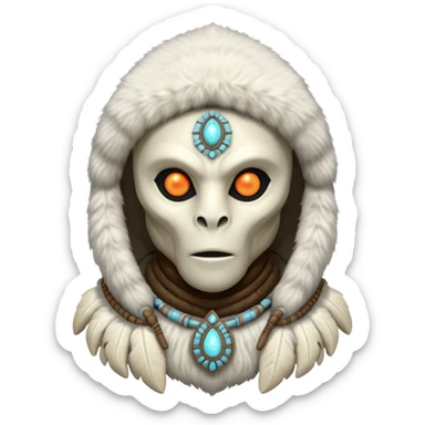 ancient arctic alien shaman portrait, head and shoulders only, Inuit-inspired fur hood, carved bone ornaments, glowing cosmic eyes, icy alien skin, spiritual sci-fi vibe, 3D cartoon, mobile game icon style, clean background, no text, no watermark


 sticker
