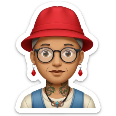 unique looking tourist with big unique red tourist hat and earrings, man with lots of tattoes and spectacles sticker