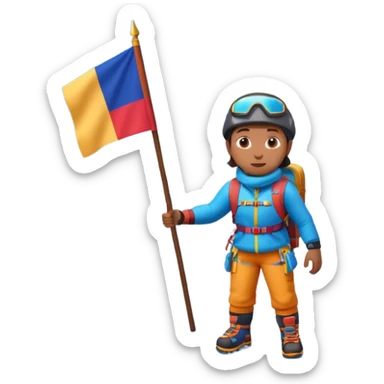 A 3D cartoon mountaineer standing on a snowy Everest-like summit with a flag, wearing colorful climbing gear, soft lighting, Memoji-style. sticker