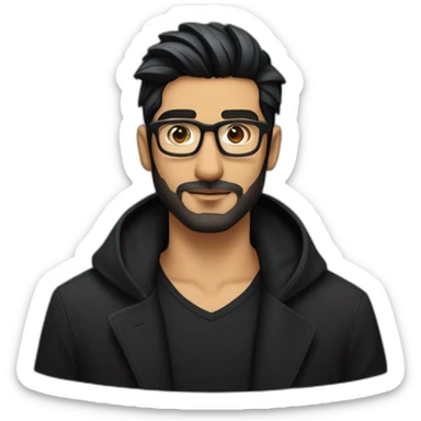 North Indian long faced white skinned male with glasses and black hair combed in front a bit and a patchy beard with patchy moustache showing up like zayn wearing a black tee black overcoat sticker