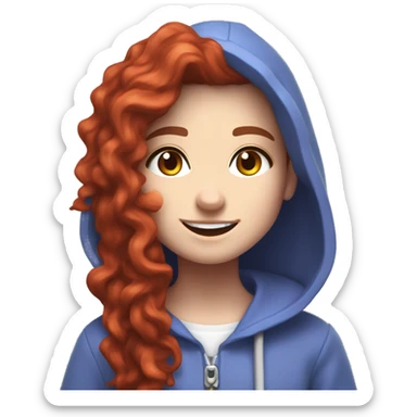 a white girl with long red curly hair and freckles, wearing periwinkle Minecraft hoodie playing a videogame smiling sticker