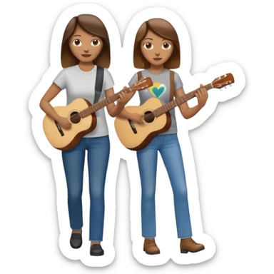 based on emoji style, like this "💁🏻‍♀️" "💁🏽‍♂️" "💁🏻", two people walking together, one is brown-haired woman, wearing business casual, holding a guitar; another one is a non-binary person, wearing t shirt and jeans, and this person doesn't have anything on their hands. they are walking together. sticker