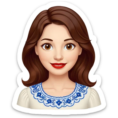 40-year-old woman with luminous fair skin, round face, wide smile, large light brown eyes, vibrant red lips, shoulder-length dark brown wavy hair, wearing white blouse with blue embroidery and electric blue neckline, mature but youthful appearance sticker