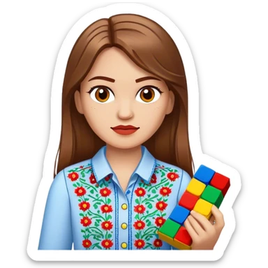 A Ukrainian girl with brown hair in an embroidered shirt holds Lego bricks sticker