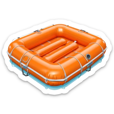 3D render of Life Raft made of shiny inflatable vinyl, visible seam lines, air valve, highly reflective plastic texture, pool toy aesthetic. sticker