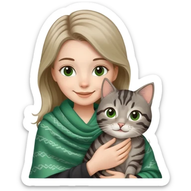 White girl wearing cute green shawl holding a black grey tabby cat while smiling sticker