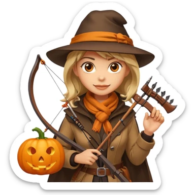 female human monster hunter emoji, wearing brown coat and hat, holding crossbow, soft smile, scarf, glowing pumpkin by her side, Halloween fantasy style, clean vector Apple emoji look, bright colors, white background, square sticker