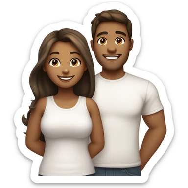 A couple of friends. One light brown girl with dark long hair and some Honey highlights and her chubby mid tone skin male friend with a side left hair and a he is  little chubby. Both with white tshirts and close to each other and happy. Be a cute emoji  sticker