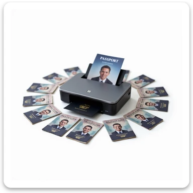 realistic thumbnail for a passport photo printing service, featuring a printer surrounded by many printed passport photos, all clearly visible, on a white background sticker