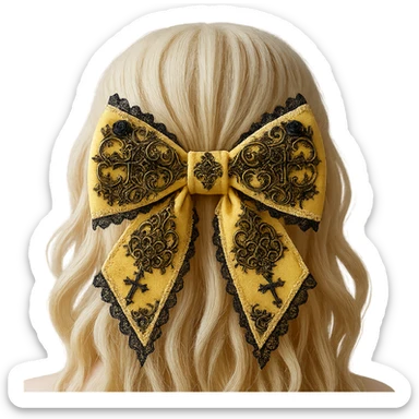 Add more gothic details such as ornate filigree, small black roses, and subtle cross motifs to the pastel yellow gothic bow and matching hair comb. Keep lace and velvet details. Photorealistic style. Keep background transparent if possible. sticker