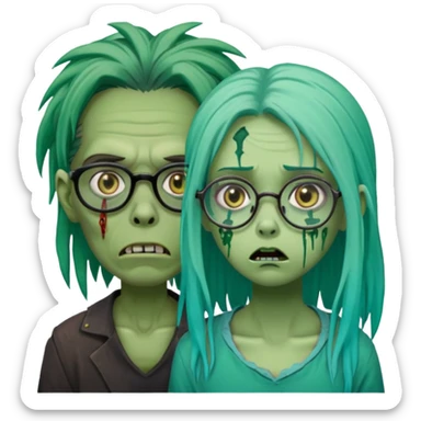 green-skinned, zombie with glasses, a girl with ombre black & teal long dreadlocks and a worried expression with a small wound near its mouth. sticker