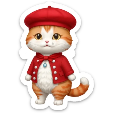 A cute cat emoji, full body, standing in side view, wearing a stylish red beret. sticker
